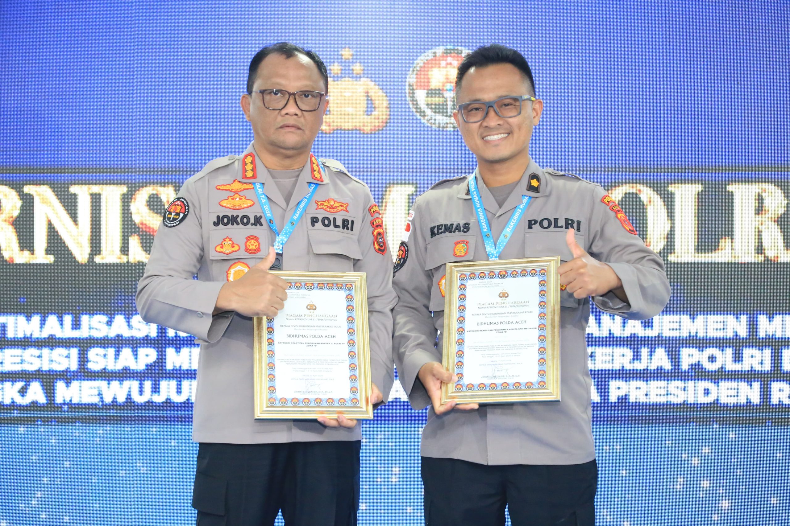 Bidhumas Polda Aceh Raih Dua Penghargaan dalam Rakernis Humas Polri 2026